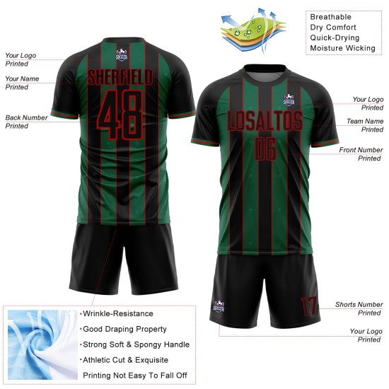 Custom Pinstripe Soccer Uniform Sublimation Kelly Jersey Sports Green-Red Line Black