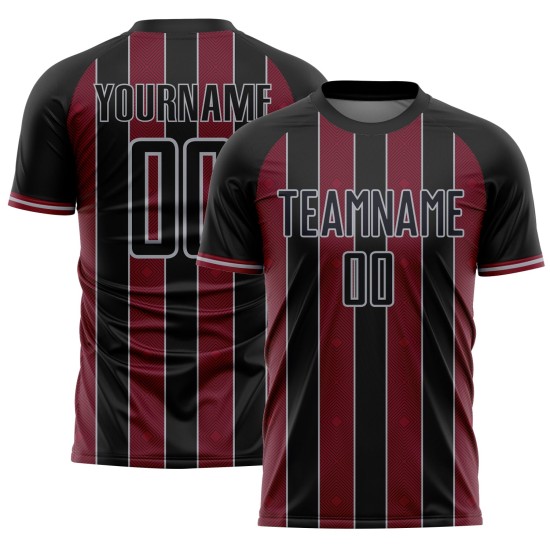 Custom Pinstripe Soccer Uniform Jersey Black Crimson-Gray Line Sports Sublimation