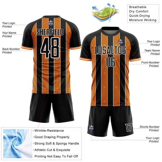 Pinstripe Bay Custom Orange-White Uniform Line Sublimation Soccer Sports Jersey Black