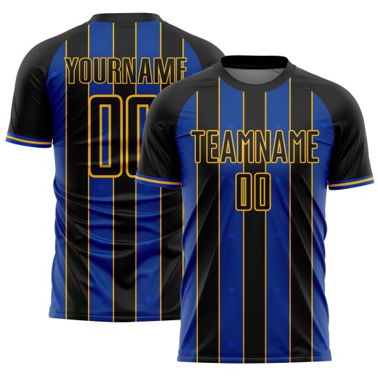Jersey Black Line Sublimation Sports Uniform Custom Soccer Thunder Blue-Gold Pinstripe