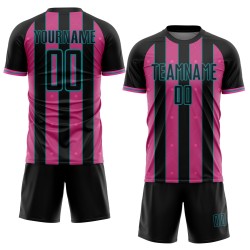 Custom Pink-Teal Uniform Sports Pinstripe Soccer Sublimation Line Black Jersey