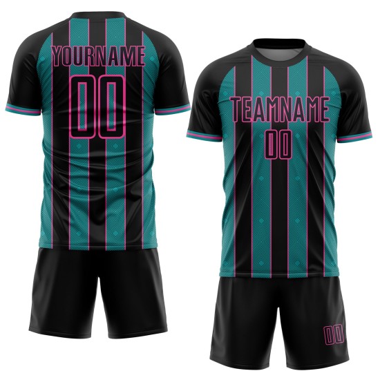 Sublimation Uniform Jersey Custom Sports Pinstripe Black Teal-Pink Soccer Line