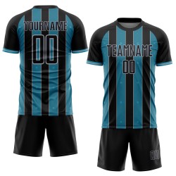 Custom Blue-Gray Line Uniform Sublimation Black Sports Soccer Pinstripe Panther Jersey