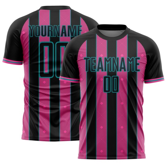 Custom Pink-Teal Uniform Sports Pinstripe Soccer Sublimation Line Black Jersey