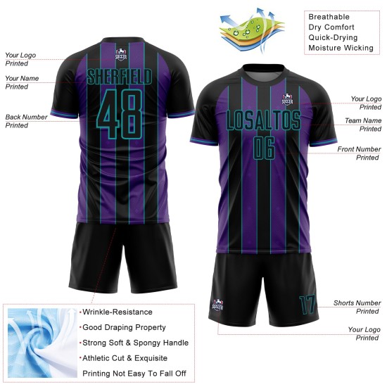 Sports Uniform Jersey Black Custom Soccer Pinstripe Line Sublimation Purple-Teal Sports Uniform Jersey Black Custom Soccer Pinstripe Line Sublimation Purple-Teal