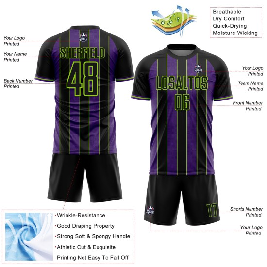 Pinstripe Custom Uniform Green Soccer Sublimation Jersey Black Line Purple-Neon Sports
