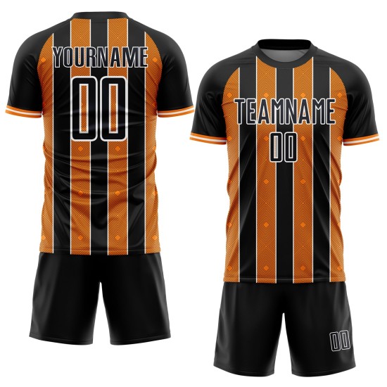 Pinstripe Bay Custom Orange-White Uniform Line Sublimation Soccer Sports Jersey Black
