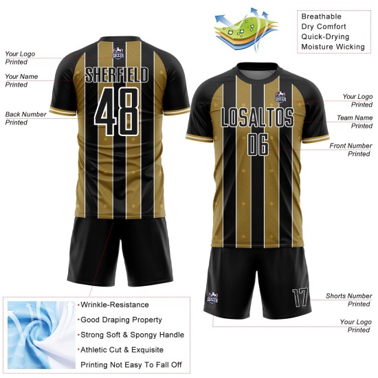 Old Custom Pinstripe Black Sports Soccer Sublimation Gold-White Line Uniform Jersey