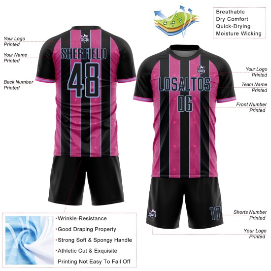 Soccer Custom Blue Sublimation Pink-Light Uniform Black Pinstripe Line Sports Jersey