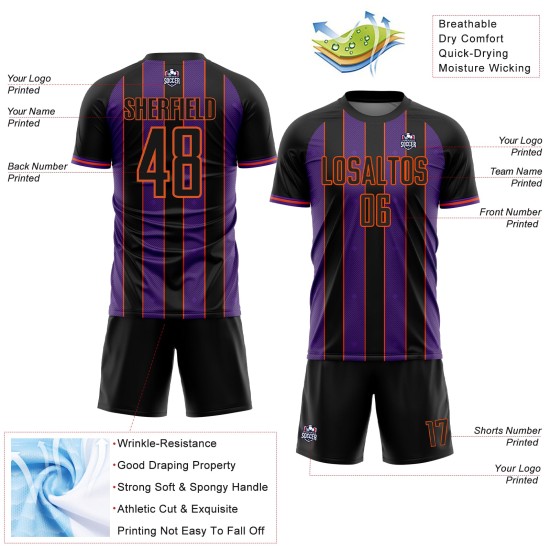 Sublimation Line Sports Black Pinstripe Uniform Soccer Custom Jersey Purple-Orange