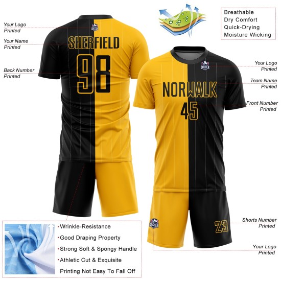 Black Pinstripe Custom Split Gold Soccer Fashion Sublimation Jersey Uniform
