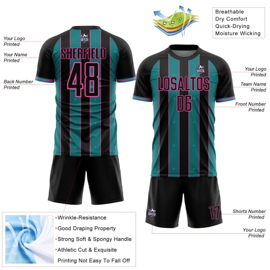 Sublimation Uniform Jersey Custom Sports Pinstripe Black Teal-Pink Soccer Line