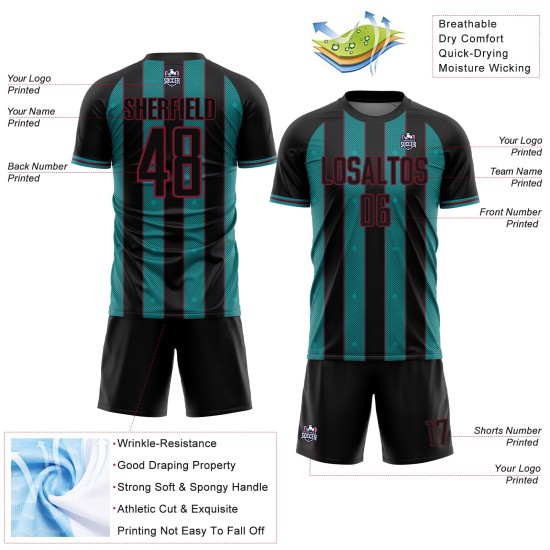 Black Custom Jersey Teal-Crimson Sports Uniform Sublimation Line Soccer Pinstripe
