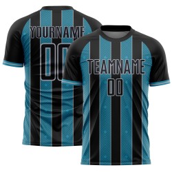 Custom Blue-Gray Line Uniform Sublimation Black Sports Soccer Pinstripe Panther Jersey